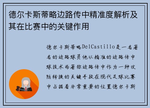 德尔卡斯蒂略边路传中精准度解析及其在比赛中的关键作用
